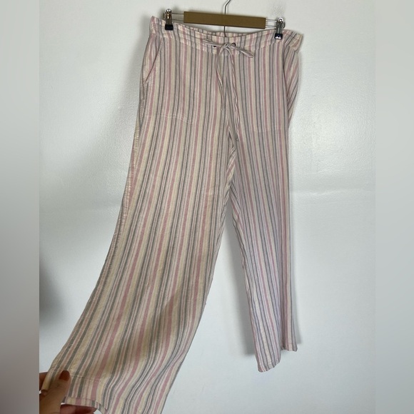 For Cynthia Linen Blend Pull On Pants Size L Striped Pink Wide Leg Pockets - Picture 1 of 10